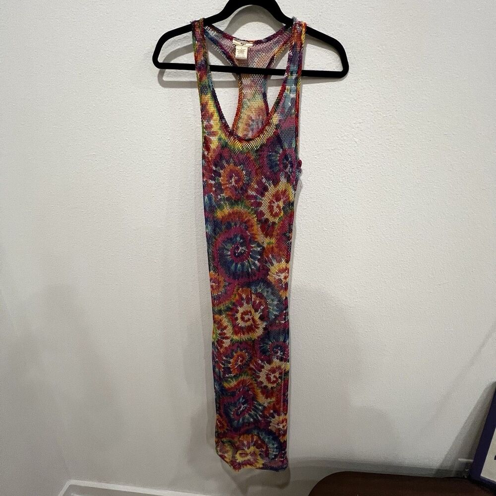 Womens Rainbow Tie Dye Netting Maxi Dress Swim Cover Up 90s Y2K Sz L